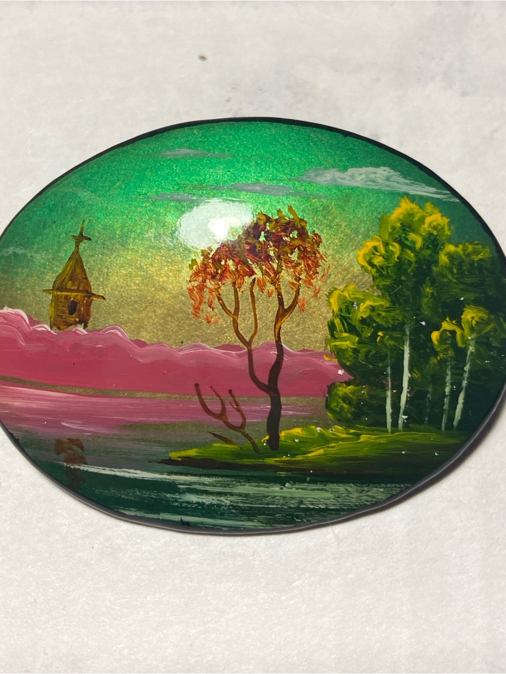 Oval, Hand-painted Lacquer Miniature Brooch by Russian Artist Ljubov